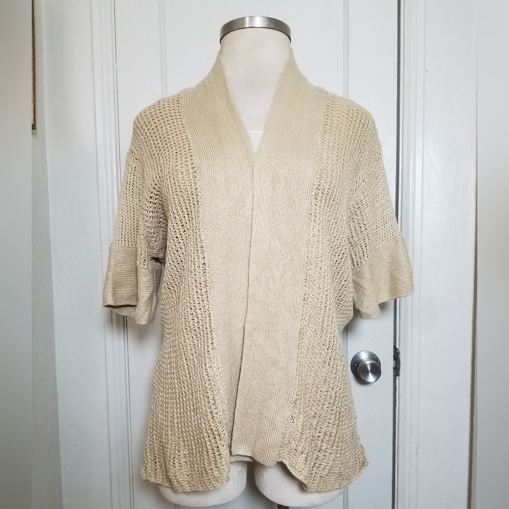 CHADWICKS Tan Silk Linen Loose Knit Open front Short sleeve Cardigan Sweater XL